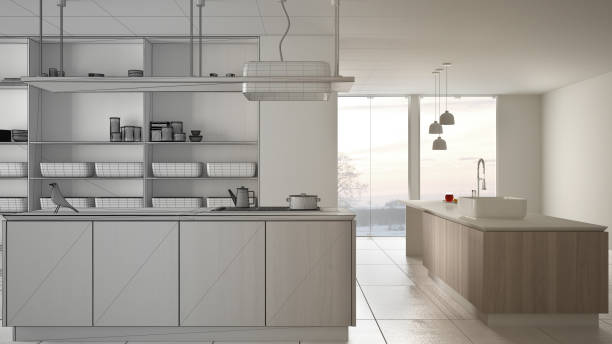 istock Architect interior designer concept: unfinished project that becomes real, minimalist luxury expensive white and wooden kitchen, open space, modern interior design concept idea 1154396799
