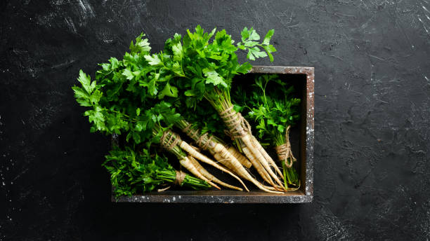 istock Root parsley and parsley on a black background. Top view. Free space for your text. 1154397133