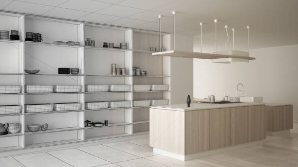 istock Architect interior designer concept: unfinished project that becomes real, minimalist luxury expensive white and wooden kitchen, open space, modern interior design concept idea 1154397205