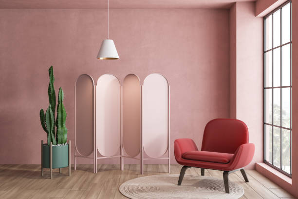 istock Pink living room with armchair and folding screen 1154397334