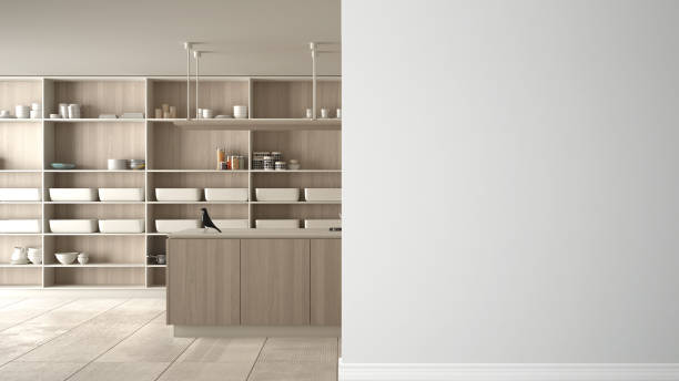 istock Modern white and wooden kitchen with island and stools on a foreground wall, interior design architecture idea, concept with copy space, blank background 1154398161