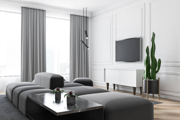 istock Modern living room design interior with sofa and TV screen. 1154398286
