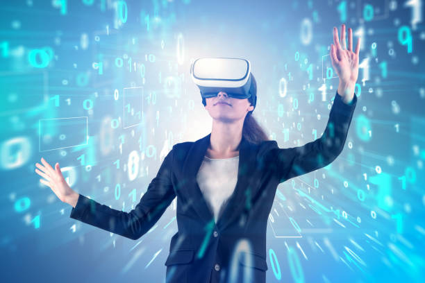 istock Businesswoman in VR glasses, binary numbers 1154398359