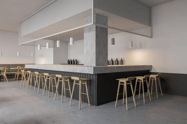 มุมของบาร์สีขาวพร้อมอุจจาระ