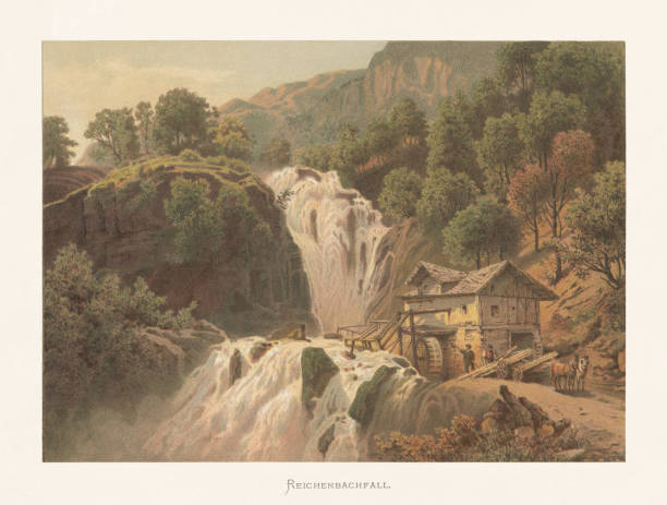 wodospad reichenbach, berneński oberland, szwajcaria, chromolitograf, opublikowana ok. - swiss culture illustrations stock illustrations