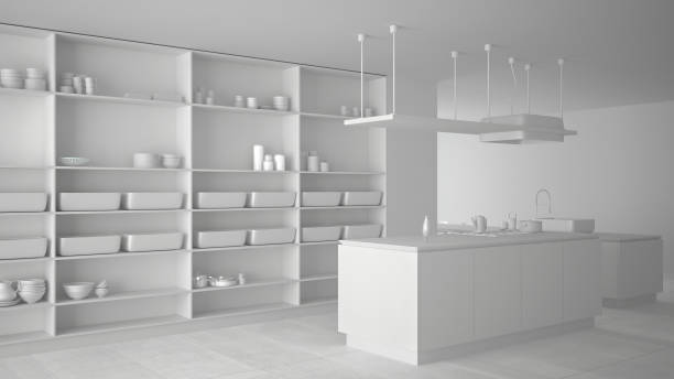 istock Total white project, without materials, of minimalist luxury expensive kitchen, island, sink and gas hob, open space, ceramic floor, modern interior design architecture concept idea 1154398661