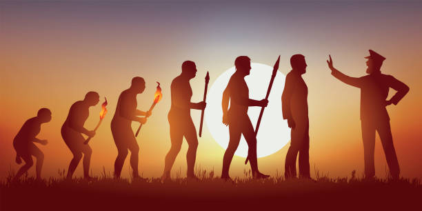 эволюция человечества в соответствии с дарвин остановился в марте вперед авторитарным человеком. - mankind stock illustrations