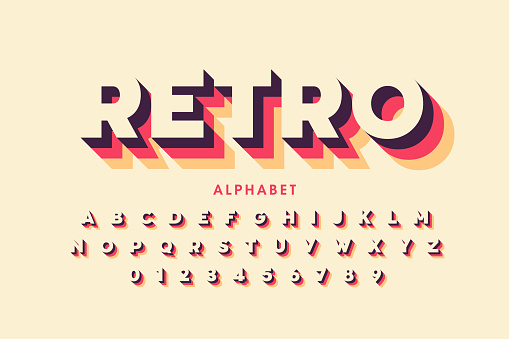 Retro style font design, alphabet letters and numbers vector illustration
