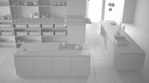 istock Total white project, without materials, of minimalist luxury expensive kitchen, island, sink and gas hob, modern interior design architecture concept idea, plan top view above 1154399551