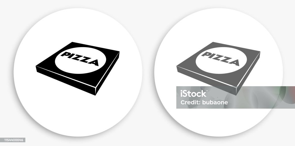 Pizza Box Black and White Round Icon Pizza Box Black and White Round Icon. This 100% royalty free vector illustration is featuring a round button with a drop shadow and the main icon is depicted in black and in grey for a roll-over effect. Black And White stock vector