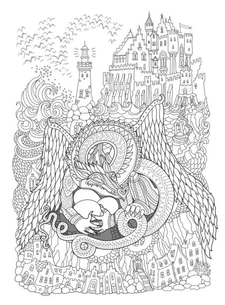 Vector illustration of Vector contour thin line illustration. Ornate Dragon beast with three dragon eggs, sea waves, island, fairy tale castle, lighthouse. Black and white hand drawn sketch artwork. Adults coloring book page, tee shirt print, book cover