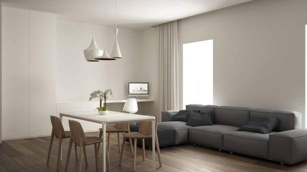 istock Minimalist living room, interior design, home working space, modern gray sofa, dining table with wooden chair, parquet flooring, luxury pendant lamps, architect designer concept 1154400642