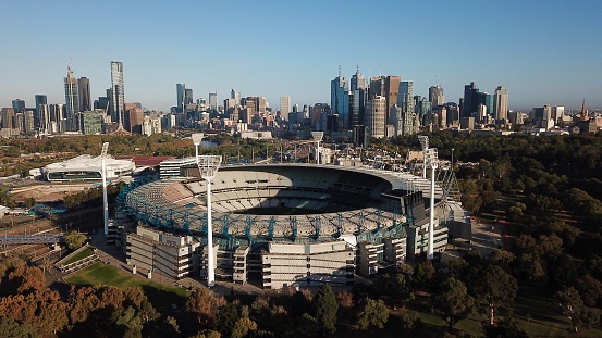 Melbourne, Australia - April 19, 2019: Melbourne Cricket Ground (MCG). The MCG was built in 1853 and went on to become an icon that has increased in size and capacity to now hold over 120,000 people. The MCG is home to the Australian Football League, as well as international cricket matches and concerts.