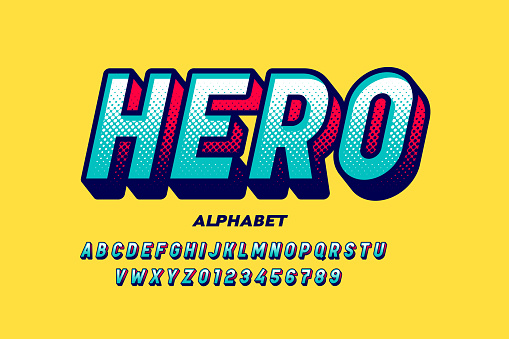 Comics super hero style font, alphabet letters and numbers vector illustration