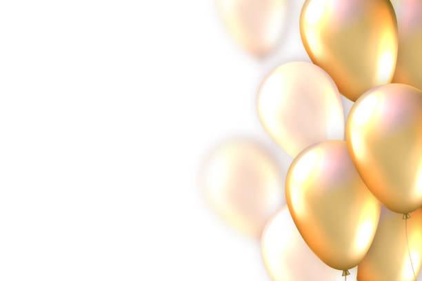 istock Elegant greeting card with realistic glossy golden flying balloons and copy space. Decorations for birthday, anniversary, celebration, wedding and event. Template for a banner, poster, notebook, invitation. 1154407123