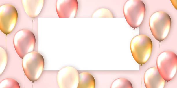 istock Elegant greeting card with realistic shiny flying balloons and paper banner. Template for a poster, notebook, invitation 1154407128