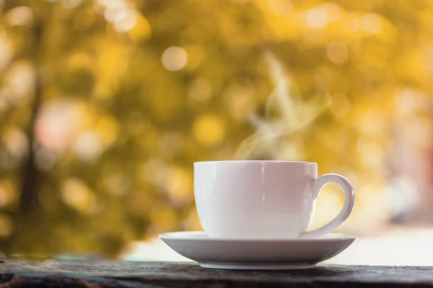 hot coffee cup on wooden table over nature autumn background with morning sunlight