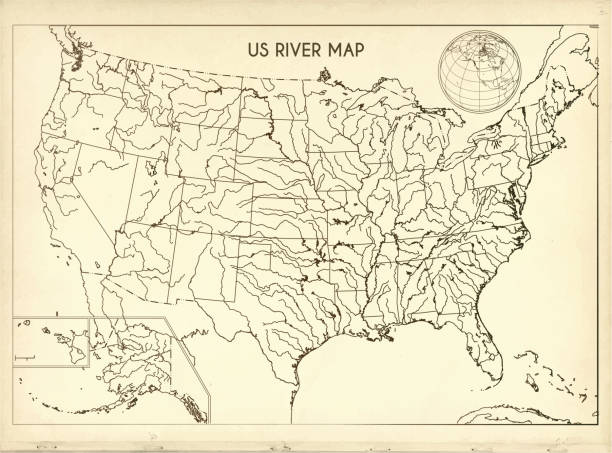 레트로 종이 배경에 빈티지 미국 강 지도 - usa the americas american culture river stock illustrations