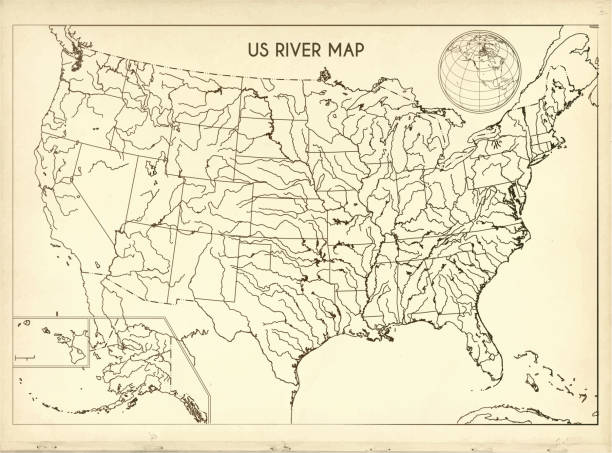Vintage United States River Map on Retro Paper Background vector art illustration