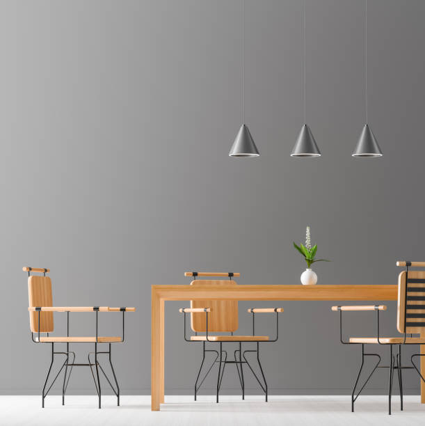 istock Spacious modern dining room with wooden chairs and table.  Minimalist dining room design. 3D illustration. 1154408873