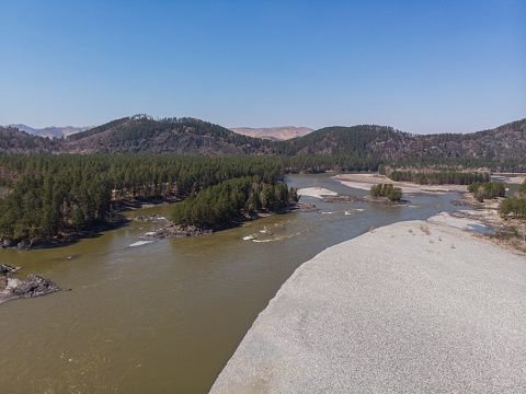 Aerial view of Katun river, in Altai mountains,