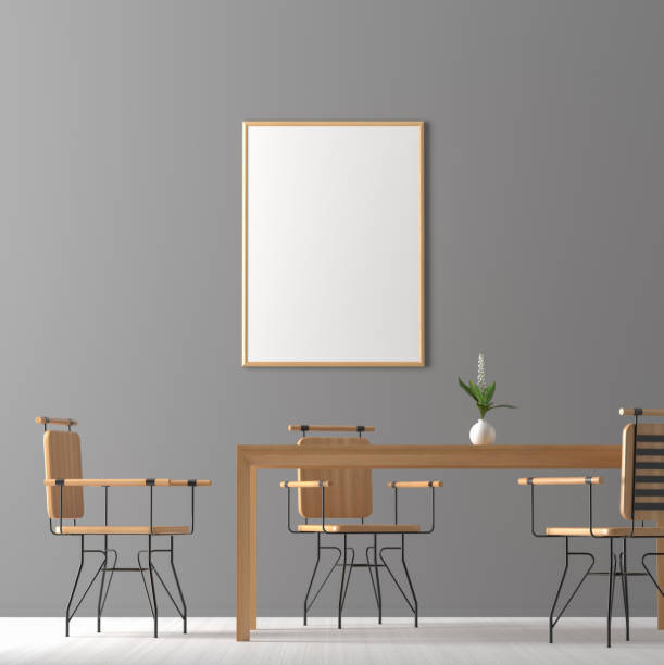 istock Spacious modern dining room with wooden chairs and table.  Minimalist dining room design. 3D illustration. 1154409082