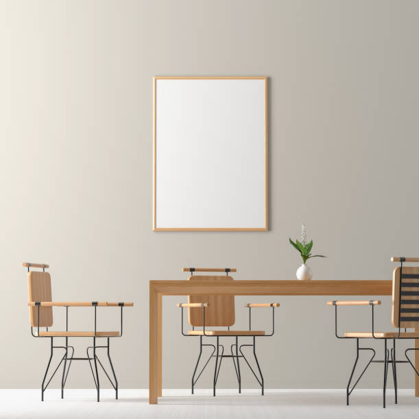 istock Spacious modern dining room with wooden chairs and table.  Minimalist dining room design. 3D illustration. 1154409308