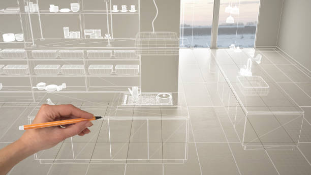 istock Empty white interior with white ceramic marble tiles floor, hand drawing custom architecture design, white ink sketch, blueprint showing modern minimalist kitchen, concept mock-up idea 1154409591