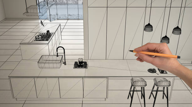 istock Empty white interior with white marble ceramic tiles, hand drawing custom architecture design, black ink sketch, blueprint showing modern minimalist kitchen, concept, mock-up, idea 1154410552