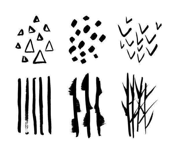 Set of hand drawn black textures and brush stroke Set of hand drawn design elements. Vector collection of black ink textures and brush strokes. Collection for your design, triangles, brush strokes, heckmark, reed, bamboo, stripes. Freehand drawing. constructivism stock illustrations