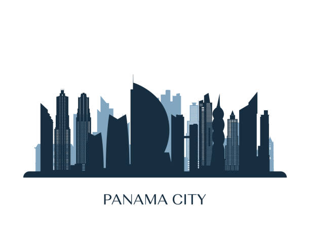 панама-сити горизонта, монохромный силуэт. векторная иллюстрация. - panama panama city cityscape city stock illustrations