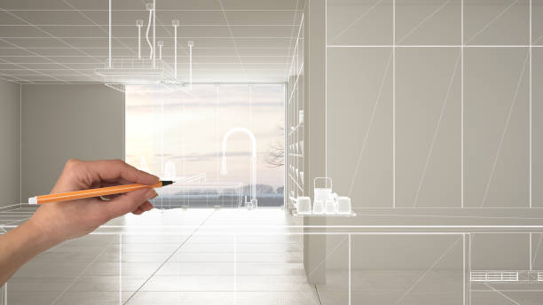istock Empty white interior with white ceramic marble tiles floor, hand drawing custom architecture design, white ink sketch, blueprint showing modern minimalist kitchen, concept mock-up idea 1154413458