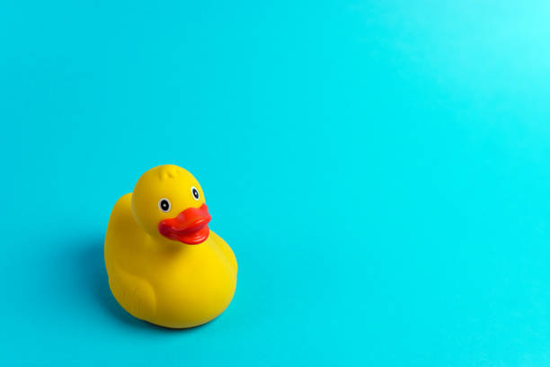 istock Yellow rubber duck on blue background. Summer minimal concept. 1154414922