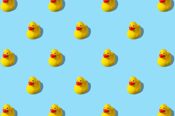 modèle d’été tendance avec canard en caoutchouc jaune sur fond bleu vif. concept d’été minimal. - duckie photos et images de collection