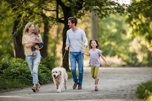 Happy family talking while walking with a dog in springtime at the park.