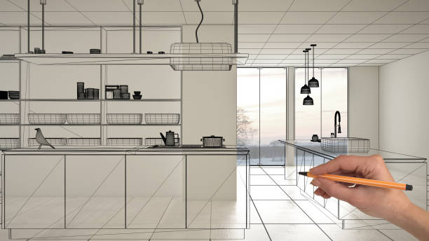 istock Empty white interior with white marble ceramic tiles, hand drawing custom architecture design, black ink sketch, blueprint showing modern minimalist kitchen, concept, mock-up, idea 1154415138