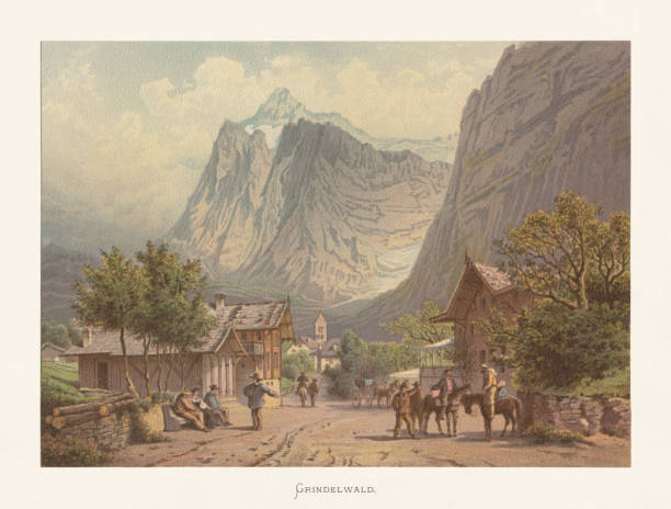 ilustraciones, imágenes clip art, dibujos animados e iconos de stock de vista histórica de grindelwald, oberland bernés, chromolithograph, publicada el ca. 1872 - swiss culture european alps eiger mountain range