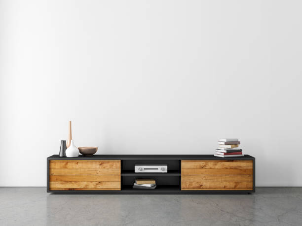 istock Modern bureau or tv console mockup in empty room with concrete floor 1154417207