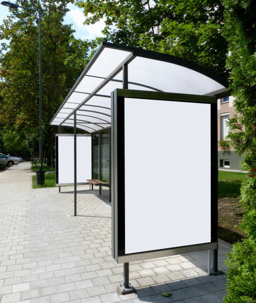 image collage of bus shelter with white poster ad display glass image collage of bus shelter at a bus stop of glass and aluminum frame structure in park-like setting with green background and safety glass design. wooden benches and white poster ad display glass bus shelter stock pictures, royalty-free photos & images