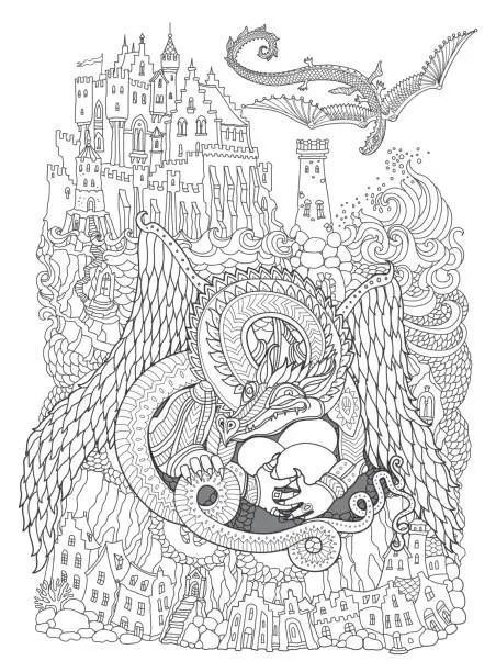 Vector illustration of Vector contour thin line illustration. Ornate Dragon beast with three dragon eggs, sea waves, island, fairy tale castle, lighthouse. Black and white hand drawn sketch artwork. Adults coloring book page, tee shirt print, book cover