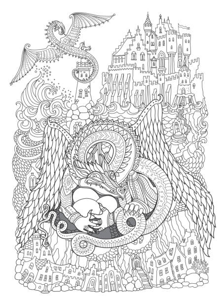 illustrations, cliparts, dessins animés et icônes de illustration de ligne mince de contour vectoriel. dragon fleuri bête avec trois oeufs de dragon, vagues de la mer, île, château de conte de fées, phare. illustrations de croquis dessinés à la main noir et blanc. adultes coloriage livre page, impressi - picture book fairy tale castle dragon