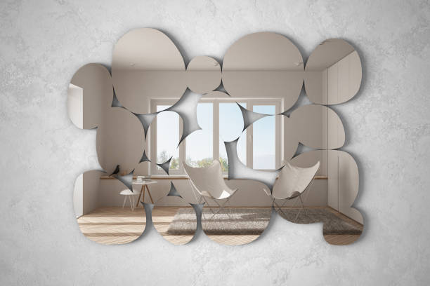 istock Modern mirror in the shape of pebbles hanging on the wall reflecting interior design scene, bright living room with armchair, minimalist architect designer concept idea 1154420237