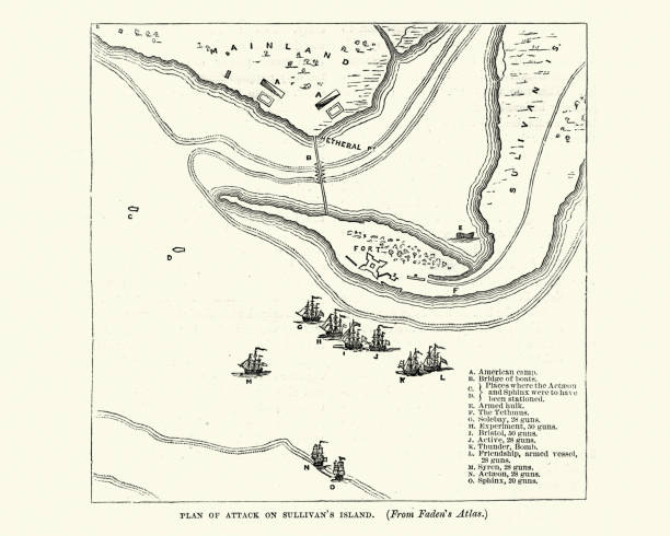Vintage engraving of plan of the Battle of Sullivan's Island or the Battle of Fort Sullivan was fought on June 28, 1776, during the American Revolutionary War. It took place near Charleston, South Carolina, during the first British attempt to capture the city from American forces.