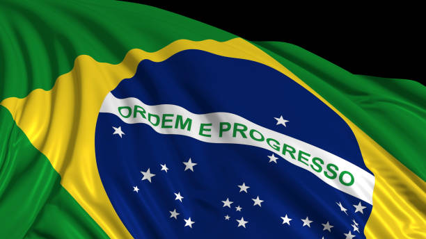 istock 3d rendering of a Brazilian flag. The flag develops smoothly in the wind 1154424173
