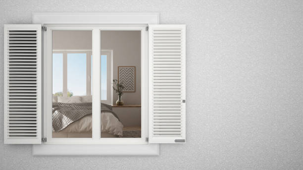 Exterior plaster wall with white window with shutters, showing interior bedroom, blank background with copy space, architecture design concept idea, mockup template