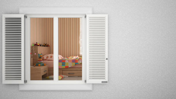 istock Exterior plaster wall with white window with shutters, showing interior bedroom, blank background with copy space, architecture design concept idea, mockup template 1154425386