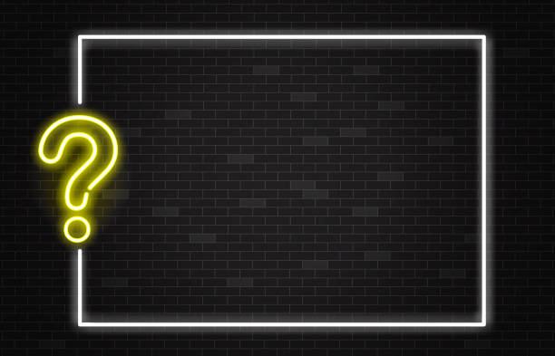 暗いレンガの壁の背景に現実的なスタイルで黄色のネオンの質問マークを持つクイズバナー。 - trivial pursuit illustrations点のイラスト素材／クリップアート素材／マンガ素材／アイコン素材