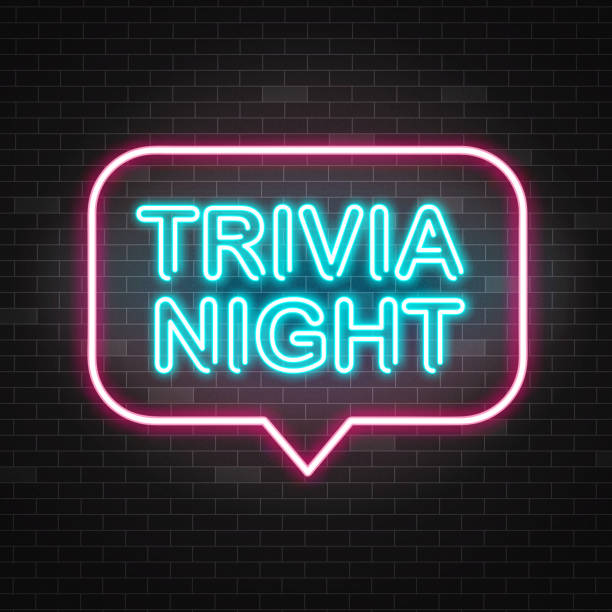 trivia nacht-ankündigung neonschild mit blau beleuchtetem text und rosa sprechblase. - trivial pursuit illustrations stock-grafiken, -clipart, -cartoons und -symbole