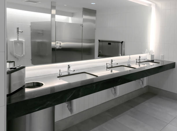 Public restroom Wide angle view of public restroom restaurant mirror stock pictures, royalty-free photos & images