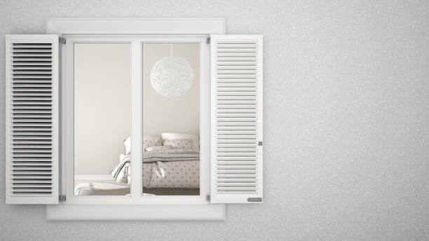 istock Exterior plaster wall with white window with shutters, showing interior bedroom, blank background with copy space, architecture design concept idea, mockup template 1154426352